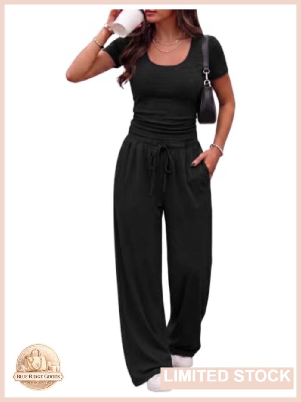 Ribbed Knit Two Piece Lounge Set Scoop Neck Top Wide Leg Pants Travel Outfit